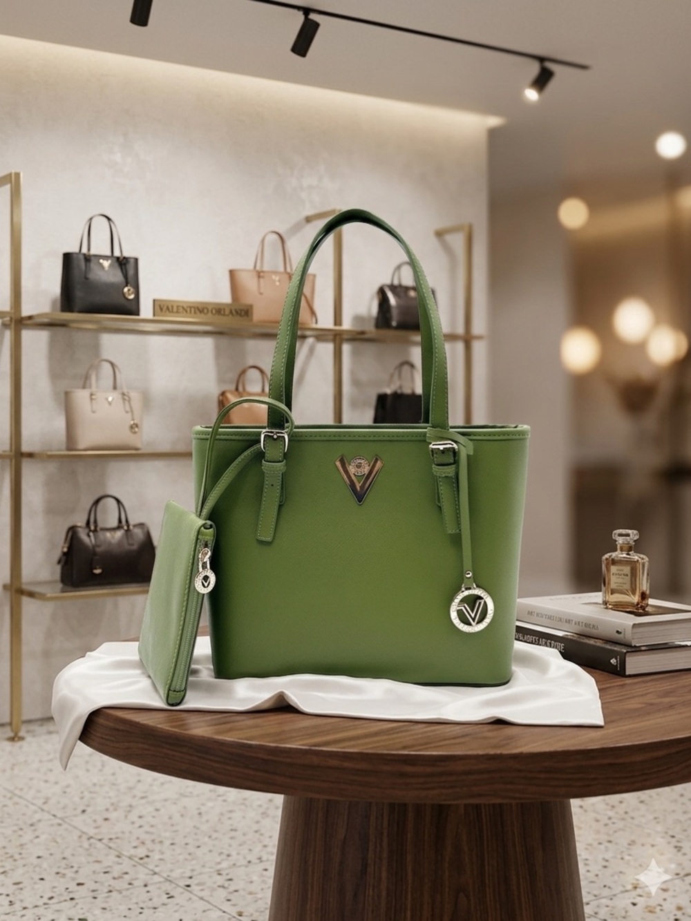 Valentino Orlandi Forest Green Vegan Leather Tote with Charm NWT - Picture 2 of 7